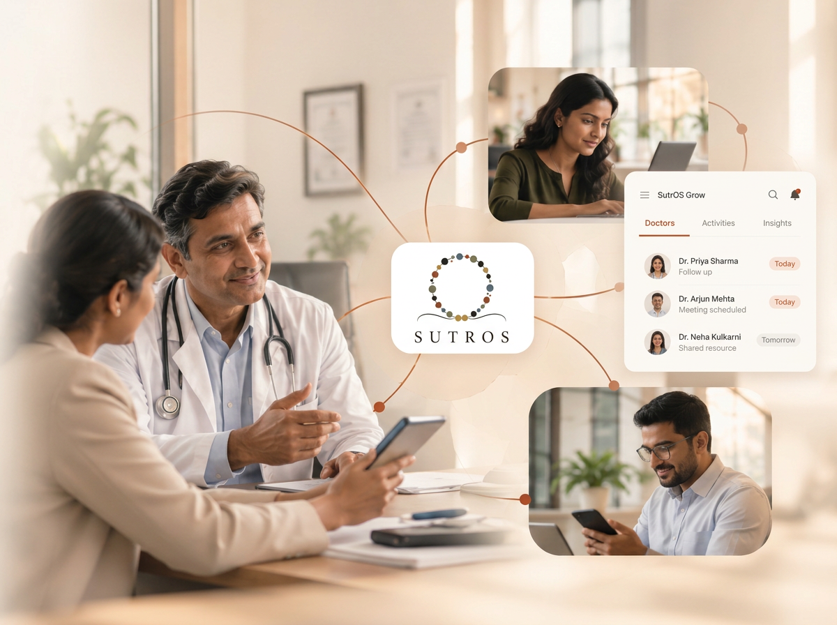 A doctor and colleague in conversation, connected by threads through the SutrOS logo to teammates and the SutrOS Grow workspace